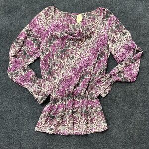 TH By Thrive Blouse Womens Medium Purple Floral Cowl Neck Ruffle Peplum Top